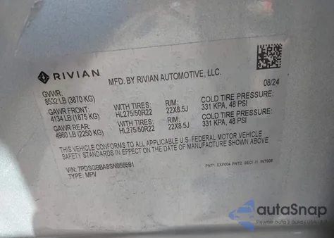 2025 Rivian R1S Adventure Dual Motor Large Pack/Adventure Dual Motor Max Pack from USA, damaged, VIN 7PDSGBBA8SN055591